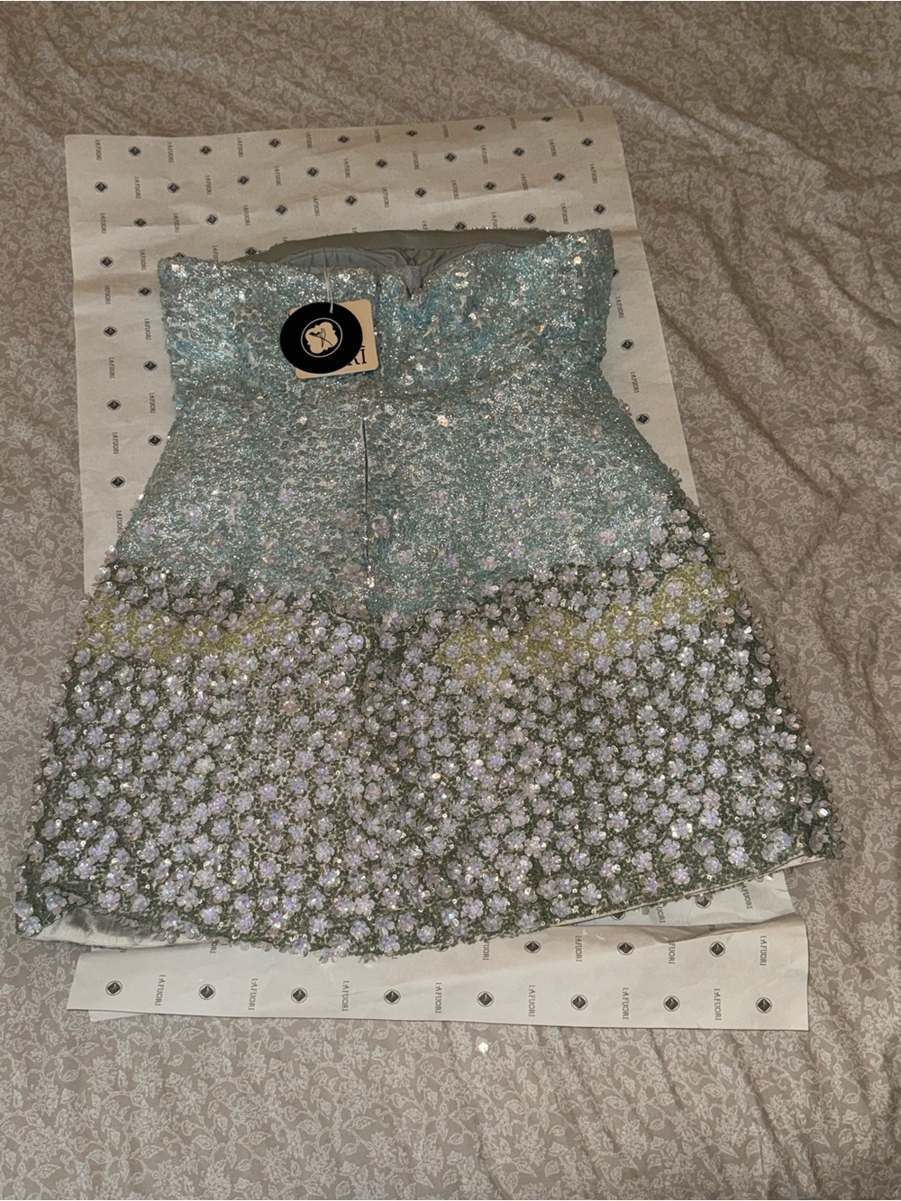 Strapless Aqua Floral Appliqué Mini Dress - Picture 9 of 14